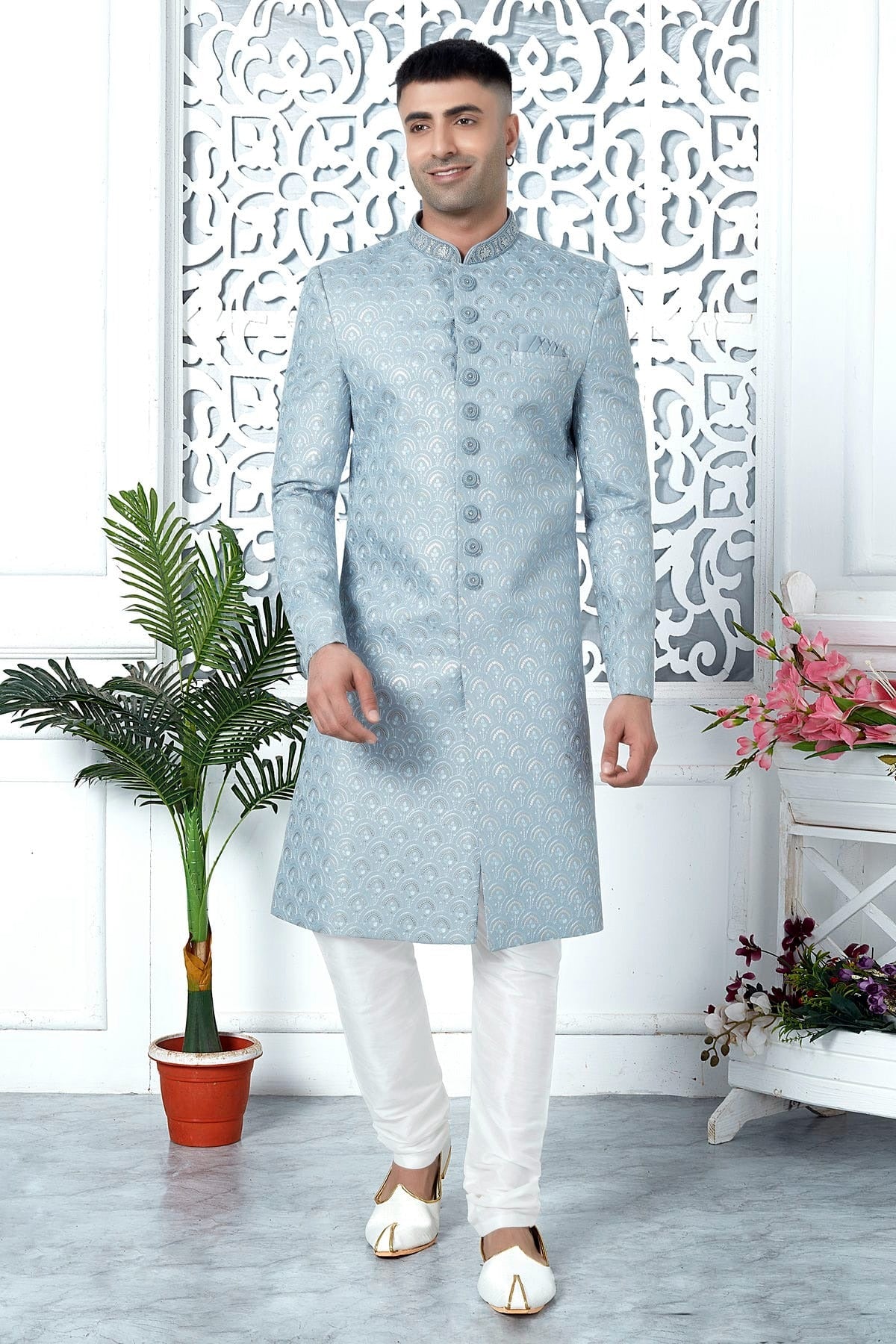 Light Blue Colour Art Silk Sherwani With Churidar Pant SH1230060