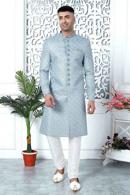 Light Blue Colour Art Silk Sherwani With Churidar Pant SH1230060