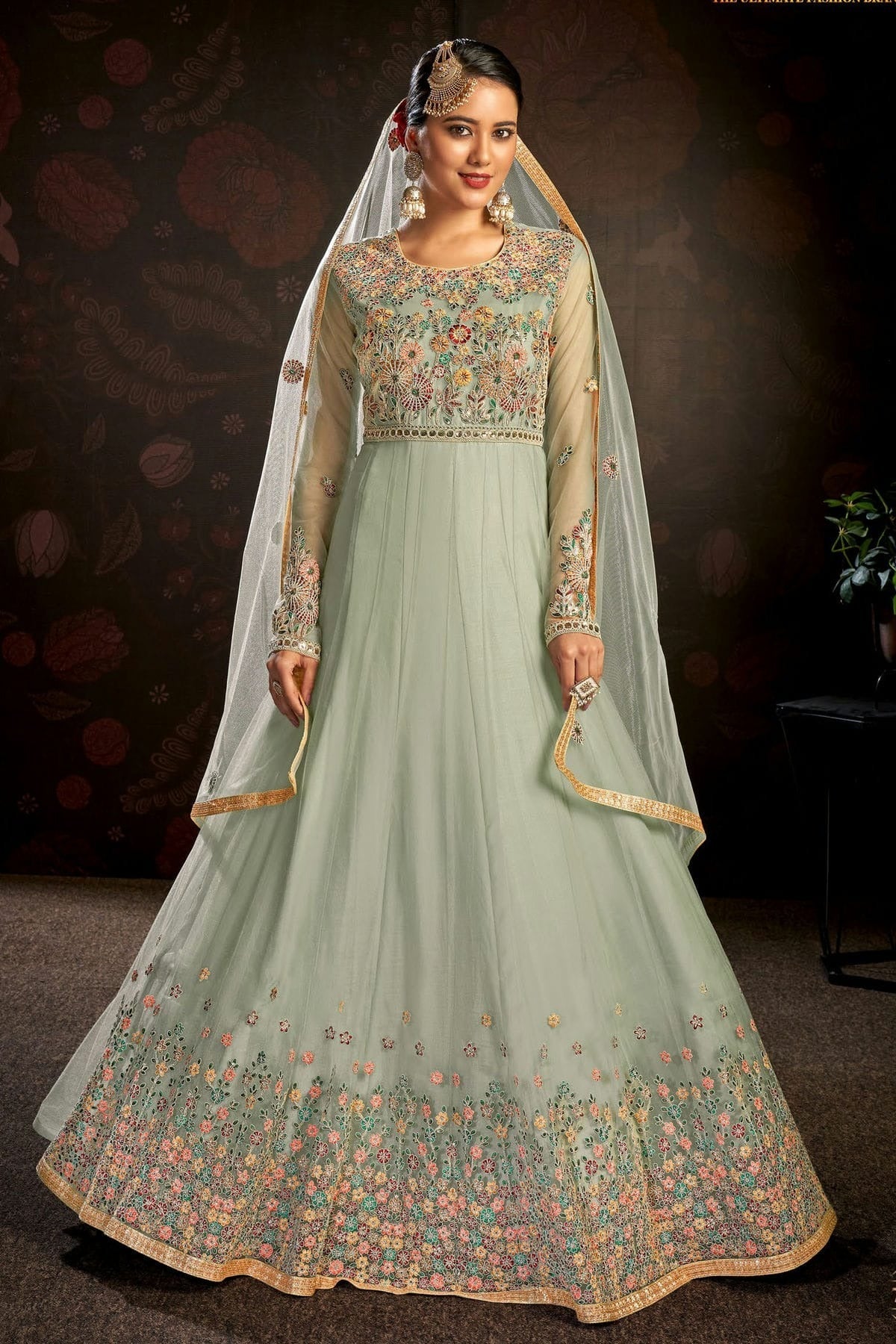 Light Blue Colour Semi Stitched Butterfly Net Anarkali Suit SM1140146