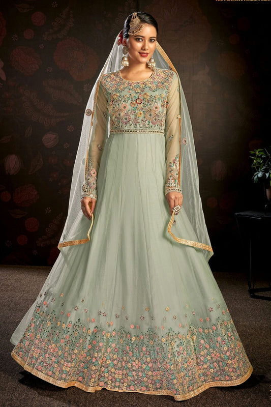 Light Blue Colour Semi Stitched Butterfly Net Anarkali Suit SM1140146
