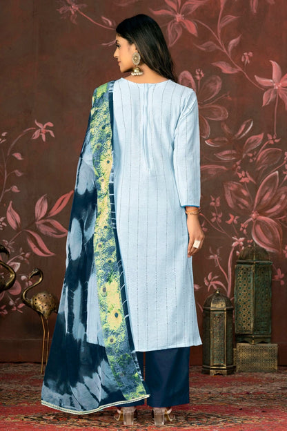 Light Blue Colour Unstitched Cambric Cotton Plazzo Pant Suit US1160831 A