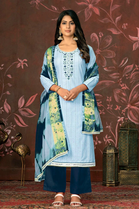 Light Blue Colour Unstitched Cambric Cotton Plazzo Pant Suit US1160831