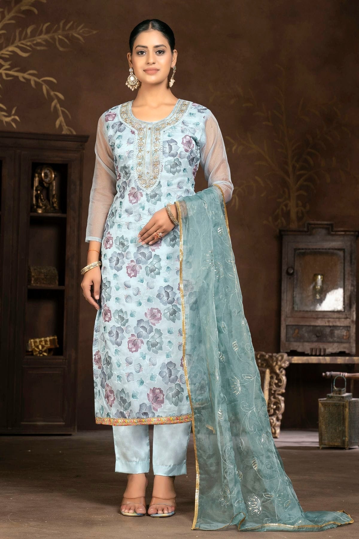 Light Blue Colour Unstitched Organza Pant Style Suit US1160835