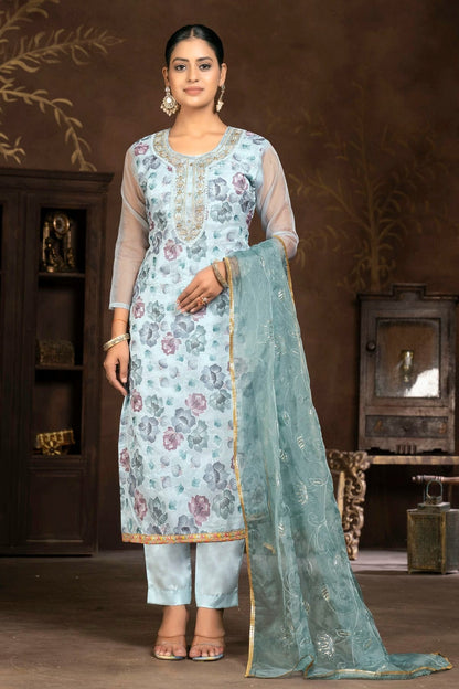Light Blue Colour Unstitched Organza Pant Style Suit US1160835