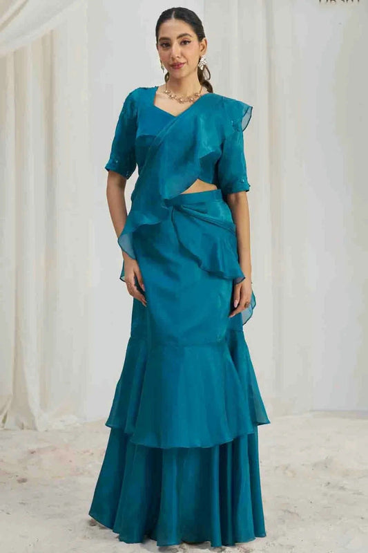 Light Blue Organza Hand Work Ready To Wear Saree SD1080977