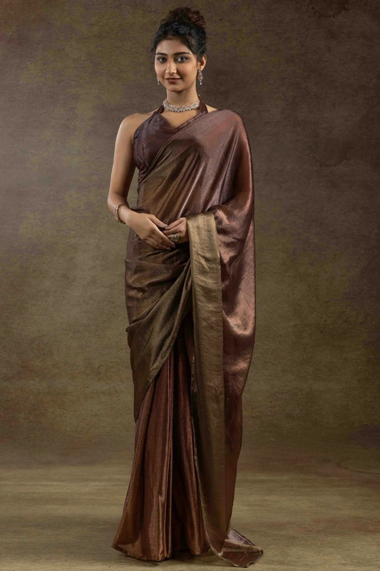 Light Brown Colour Fendi Satin Silk Ready To Wear Saree SD1122023
