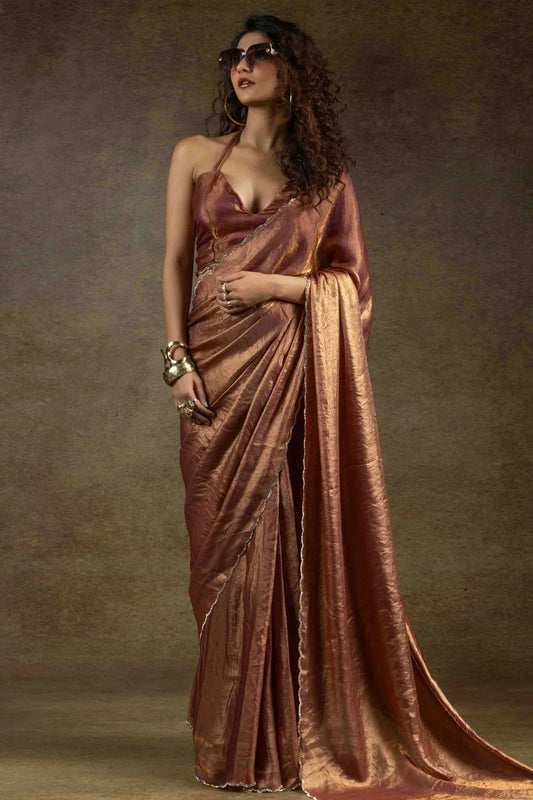 Light Brown Colour Fendi Satin Silk Ready To Wear Saree SD1122024