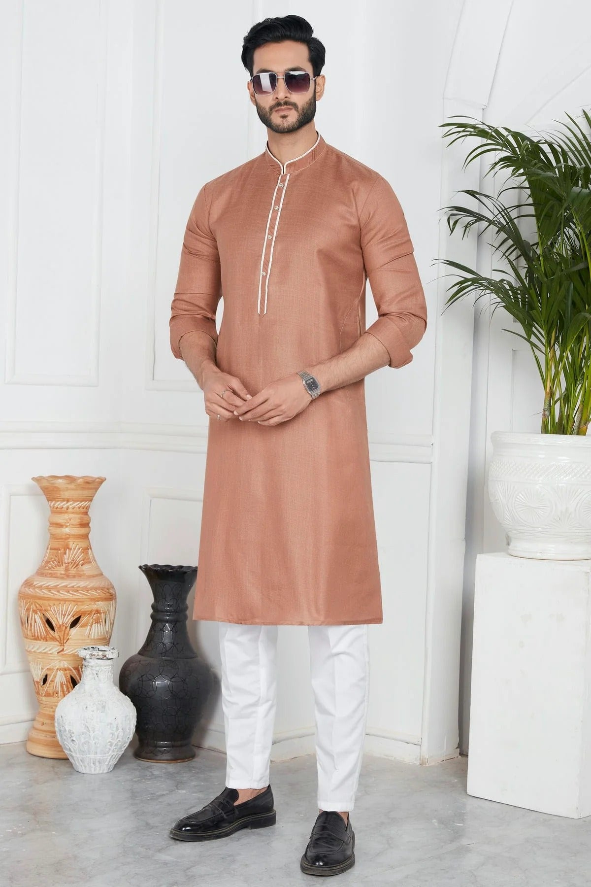 Light Brown Colour Linen Cotton Pintex Work Kurta Pajama KP1230132 A