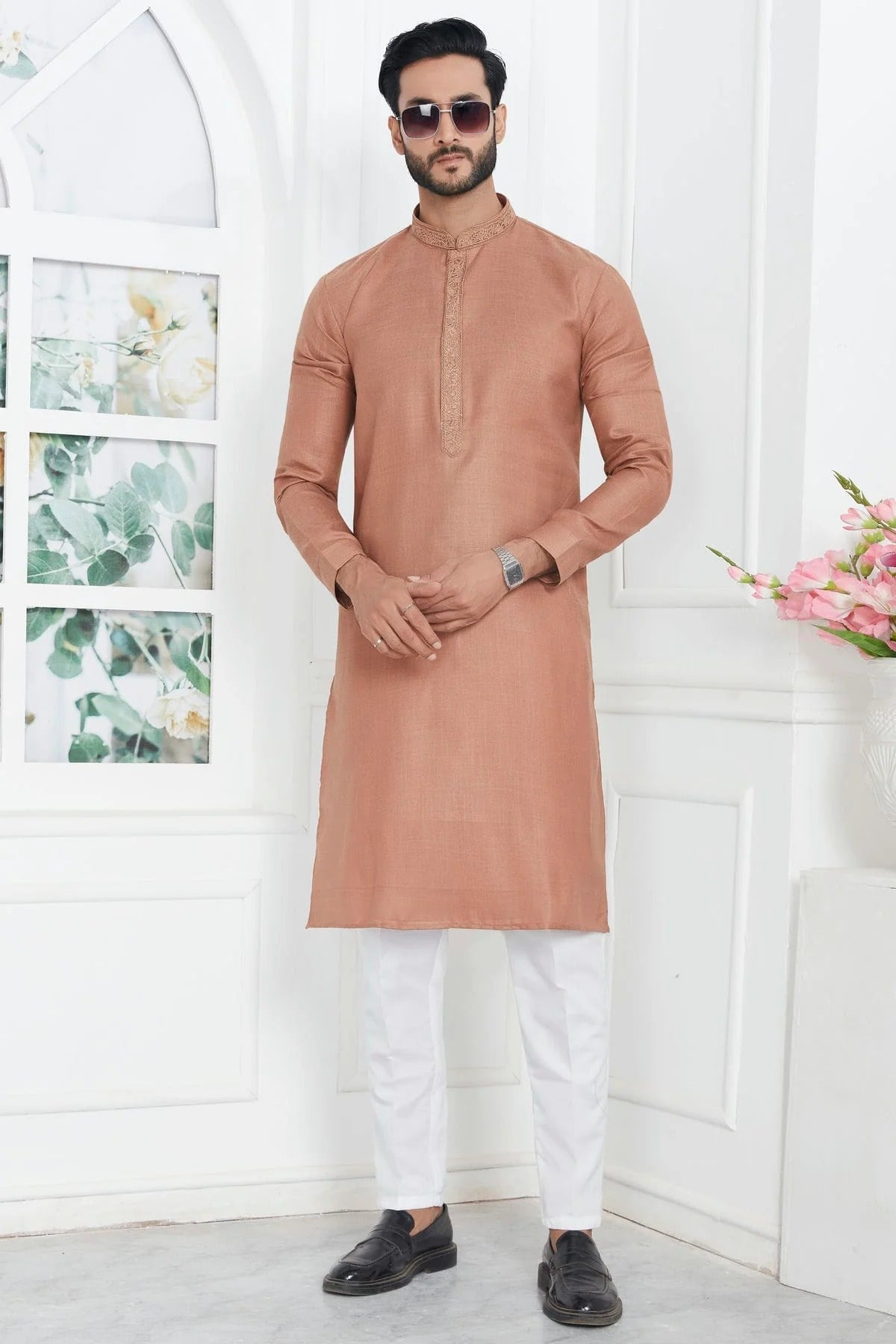 Light Brown Colour Linen Cotton Thread Work Kurta Pajama KP1230143 A