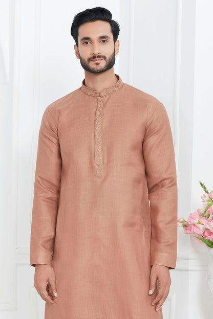 Light Brown Colour Linen Cotton Thread Work Kurta Pajama KP1230143 B