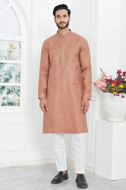 Light Brown Colour Linen Cotton Thread Work Kurta Pajama KP1230143