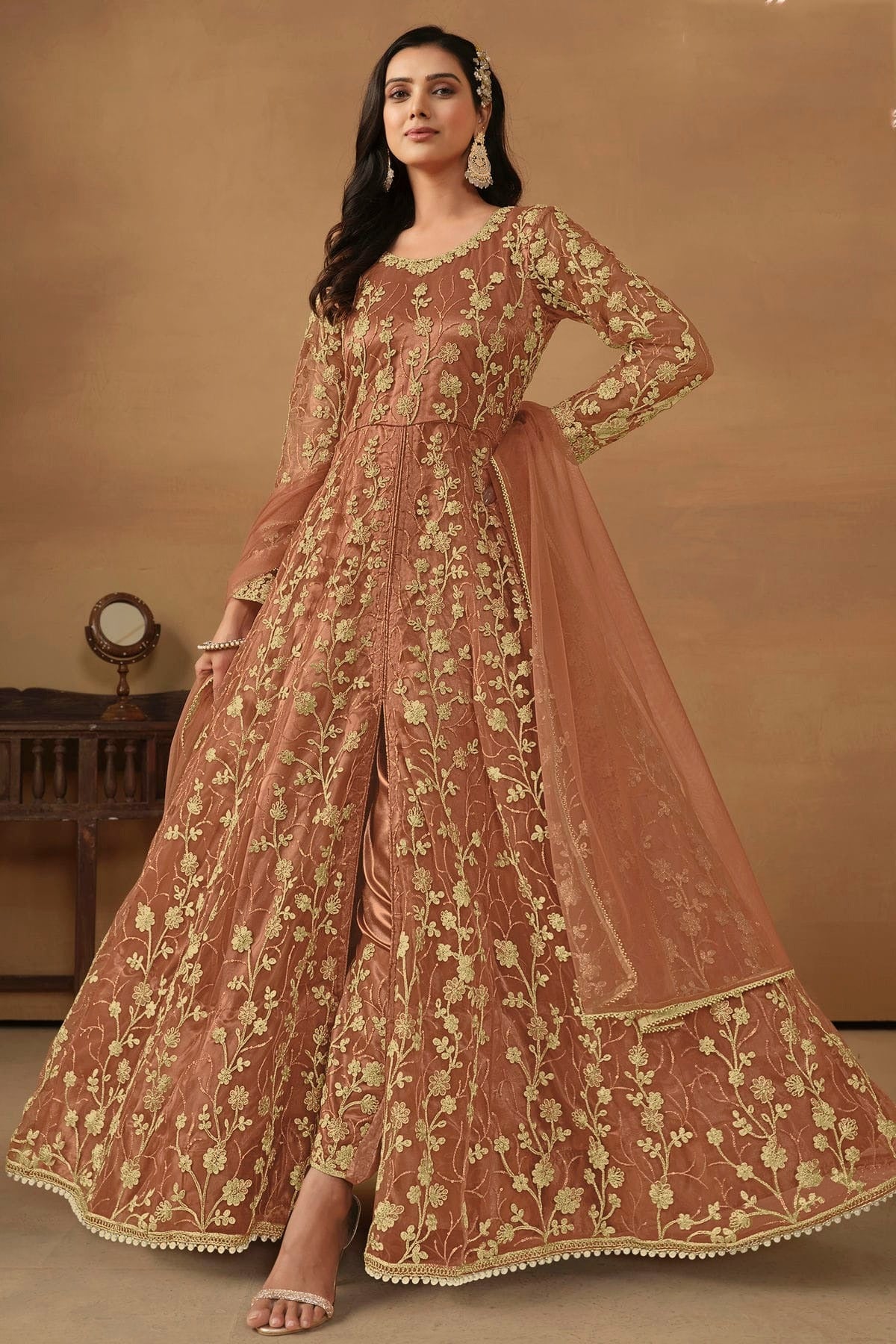 Light Brown Colour Net Pant Style Suit SM1050575