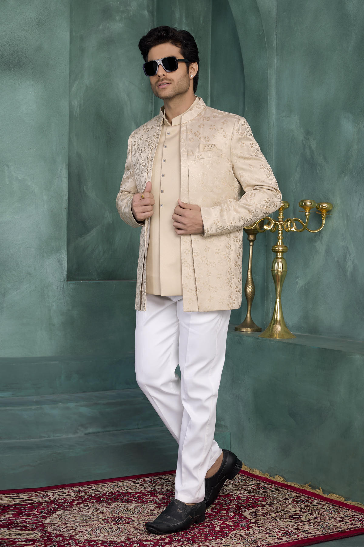 Light Brown Colour Thread Work Embroidery Jacquard Silk Jodhpuri