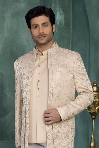 Light Brown Colour Thread Work Embroidery Jacquard Silk Jodhpuri