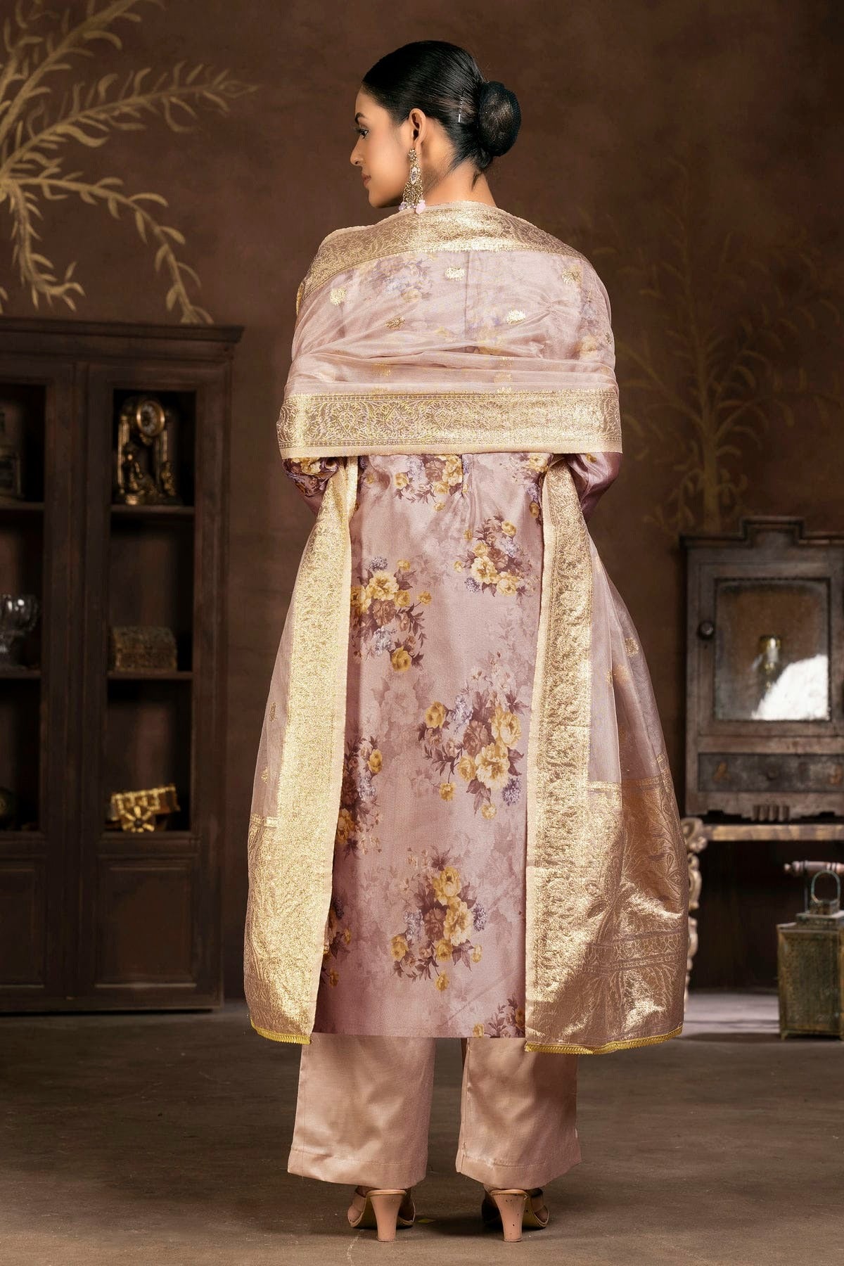 Light Brown Colour Unstitched Organza Pant Style Suit US1161254 A