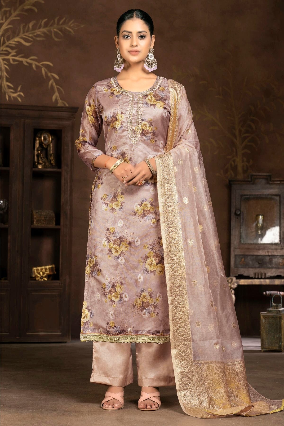 Light Brown Colour Unstitched Organza Pant Style Suit US1161254