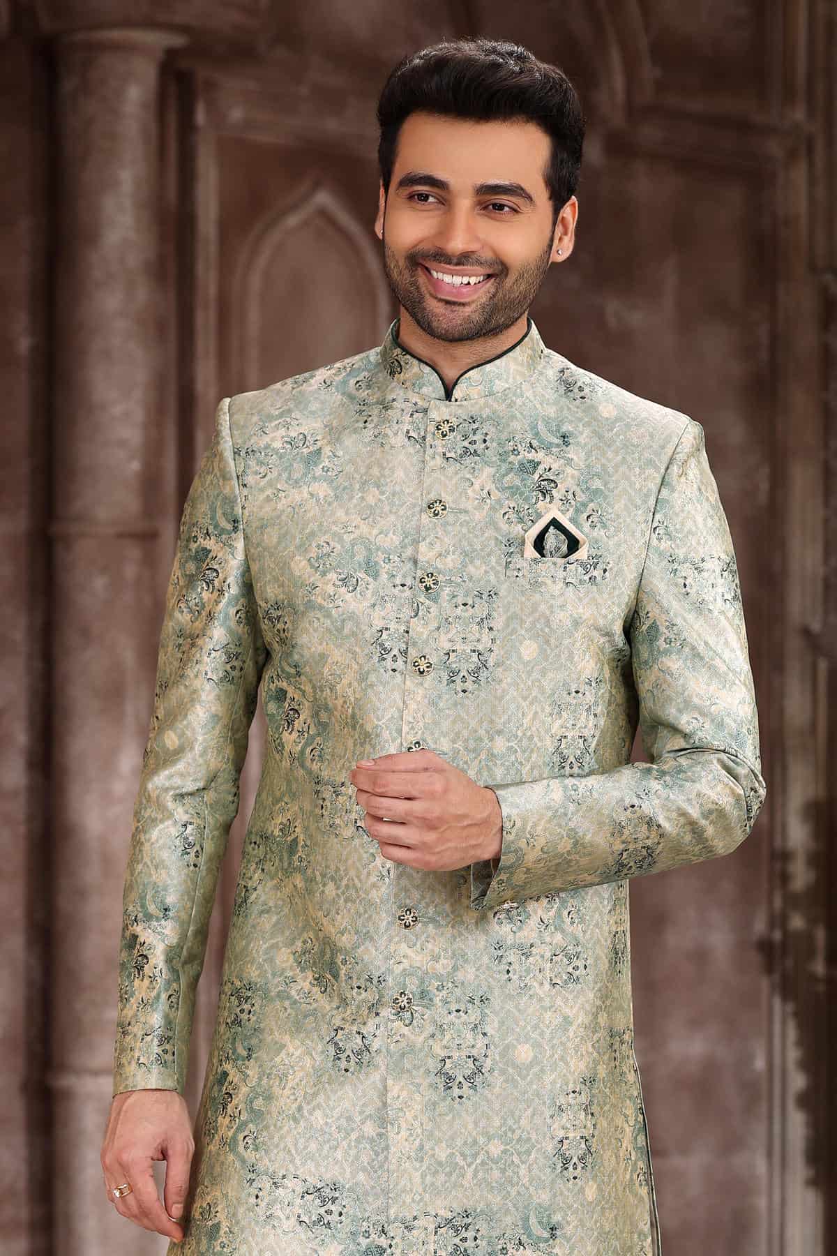 Light Green Colour Art Silk Digital Printed Work indo western Sherwani