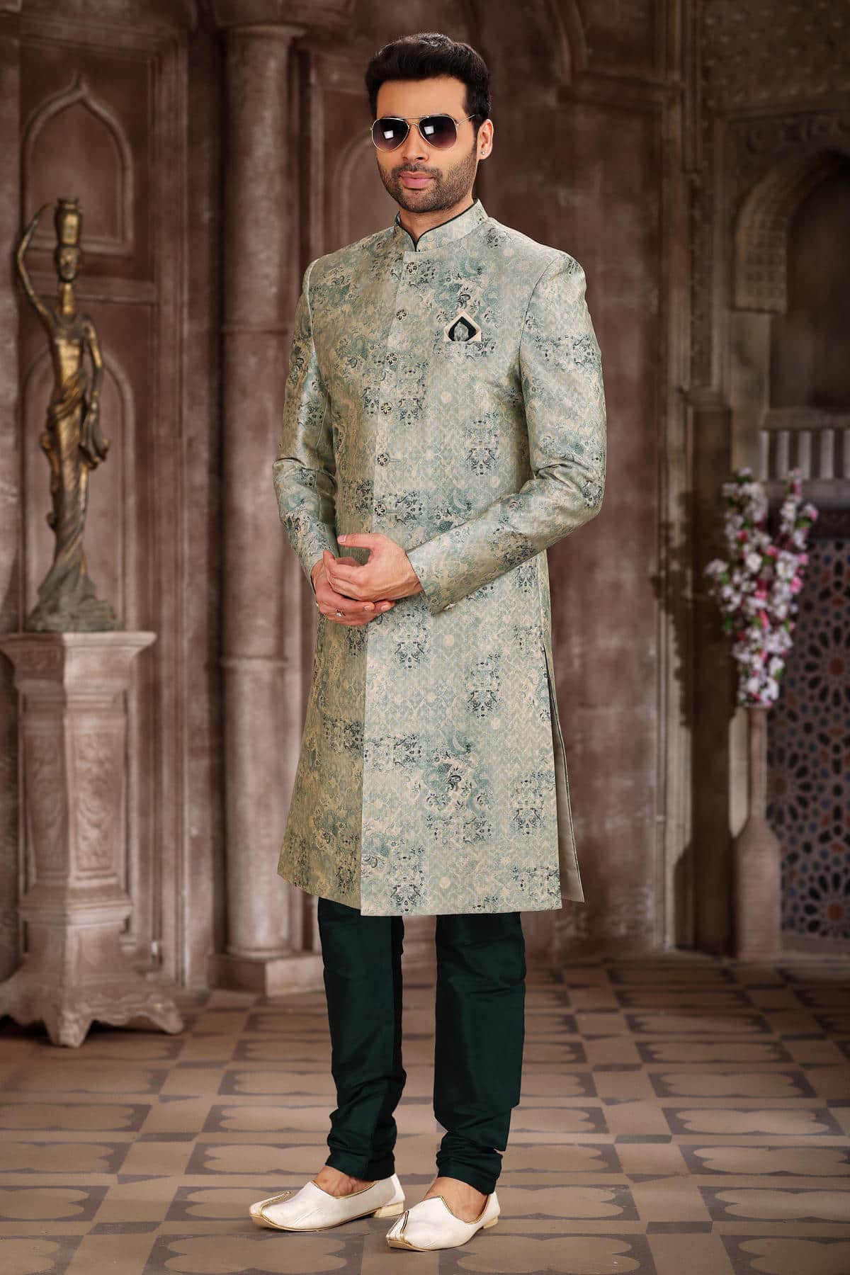 Light Green Colour Art Silk Digital Printed Work indo western Sherwani