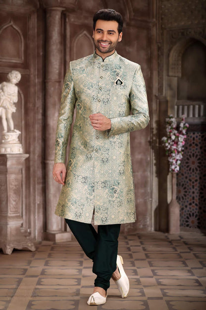 Light Green Colour Art Silk Digital Printed Work indo western Sherwani