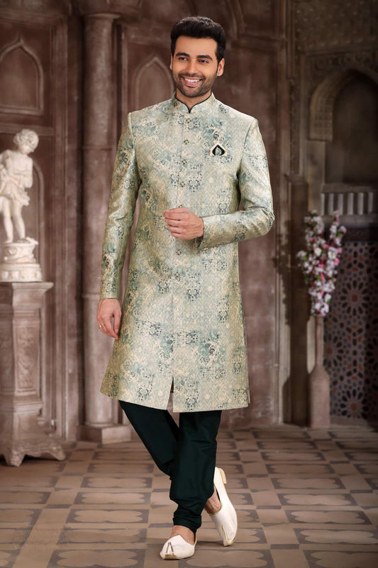 Light Green Colour Art Silk Digital Printed Work indo western Sherwani