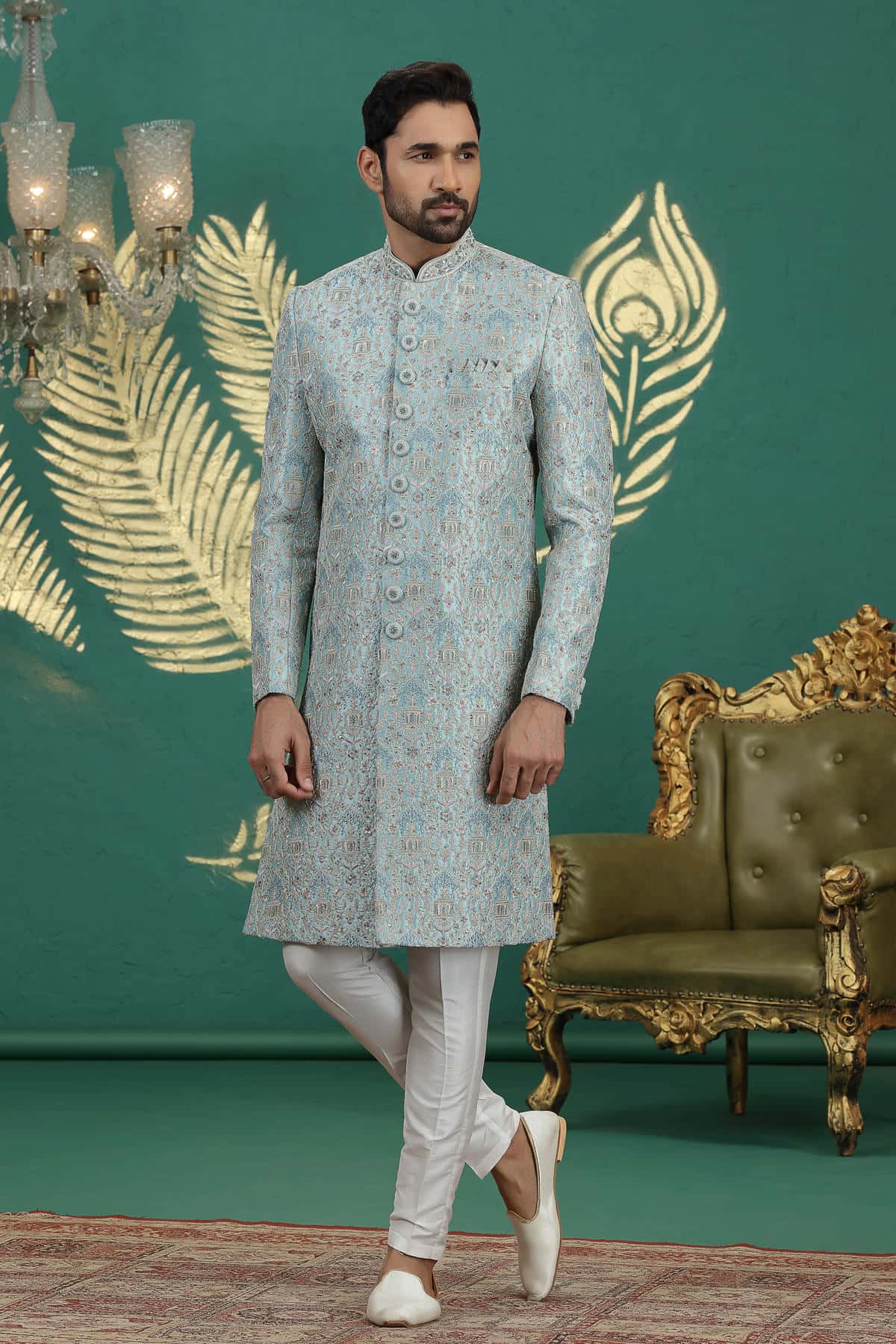 Light Green Colour Art Silk Embroidery Sherwani