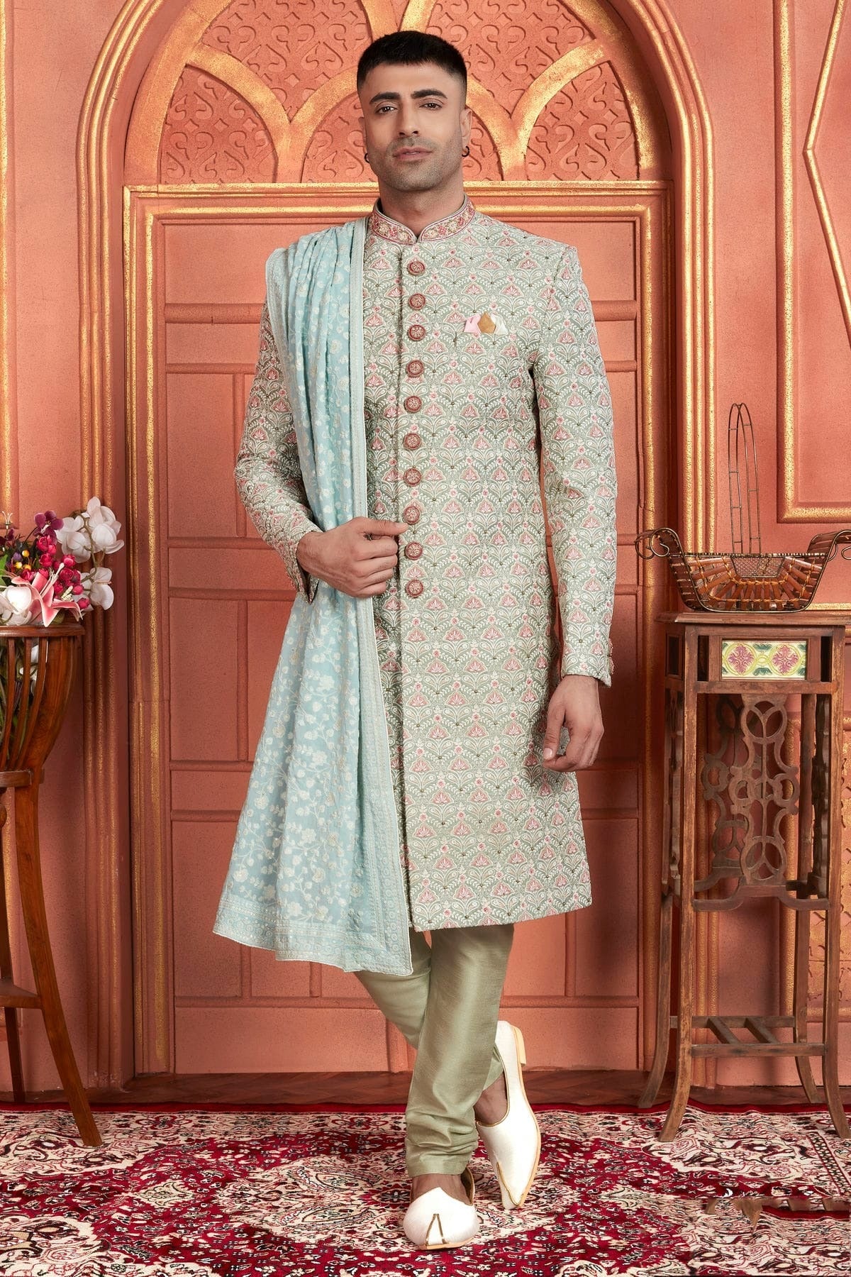 Light Green Colour Art Silk Sherwani With Churidar Pant SH1230047
