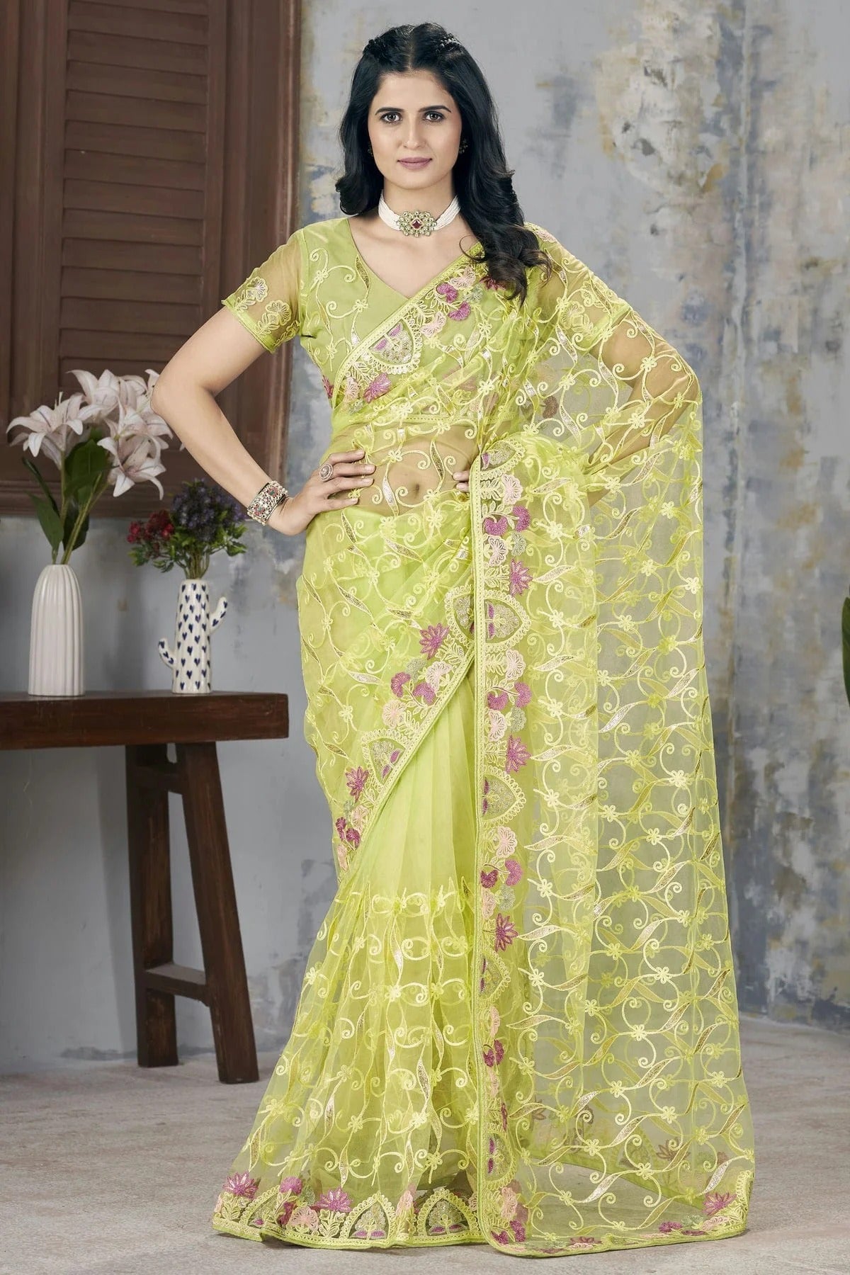 Light Green Colour Butterfly Net Designer Saree SD1112566
