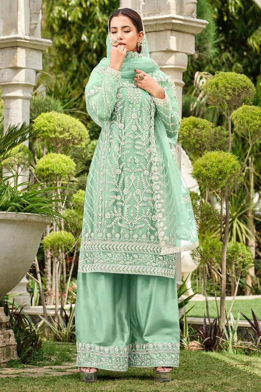 Light Green Colour Butterfly Net Palazzo Pant Suit SM1110577