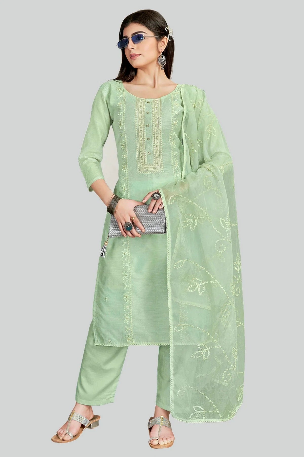Light Green Colour Chanderi Silk Pant Style Suit SM1110636