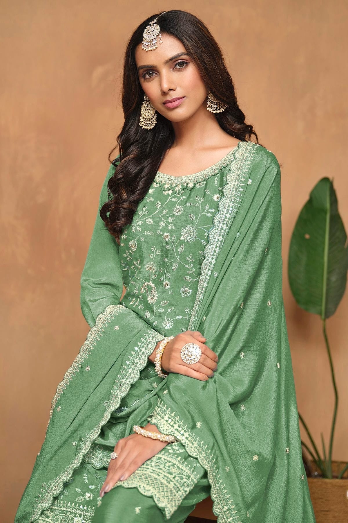 Light Green Colour Chinon Palazzo Pant Suit SM1050580 A