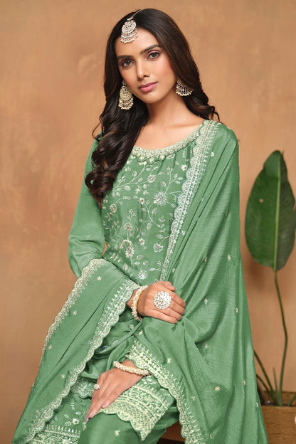 Light Green Colour Chinon Palazzo Pant Suit SM1050580 A
