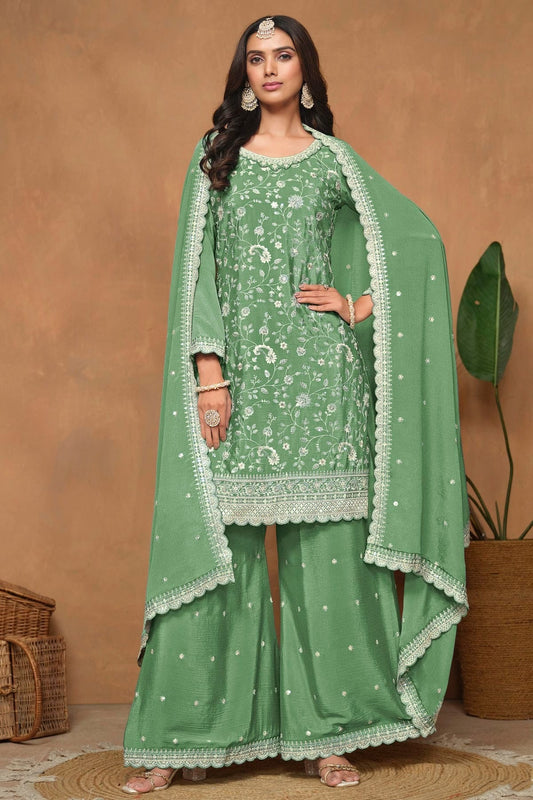 Light Green Colour Chinon Palazzo Pant Suit SM1050580