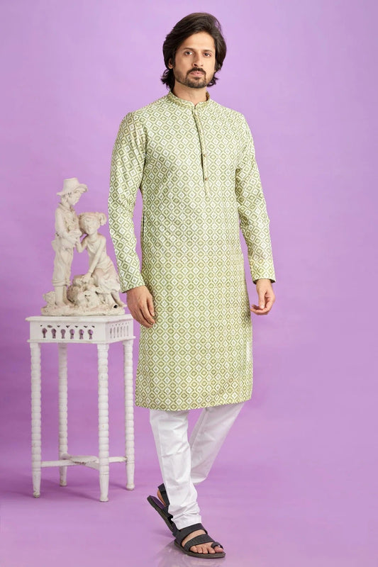Light Green Colour Cotton Pintex Work Kurta Pajama KP1230188