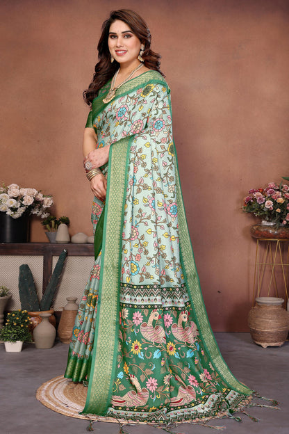 Light Green Colour Cotton Silk Printed Saree