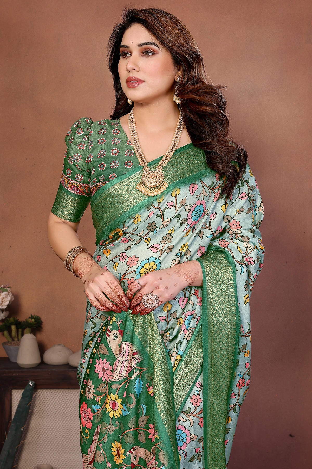 Light Green Colour Cotton Silk Printed Saree