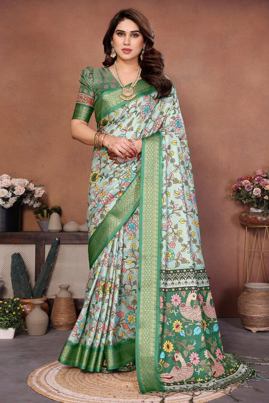 Light Green Colour Cotton Silk Printed Saree