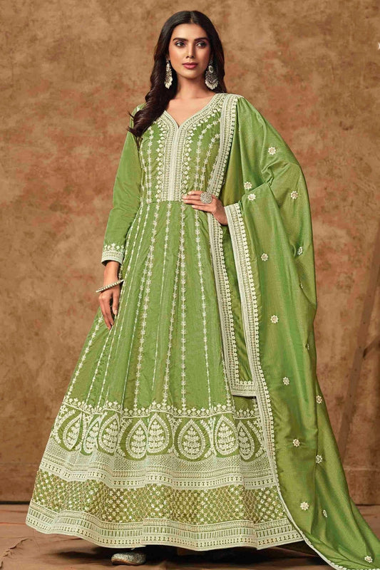Light Green Colour Dola Silk Semi Stitched Anarkali Suit SM1050702