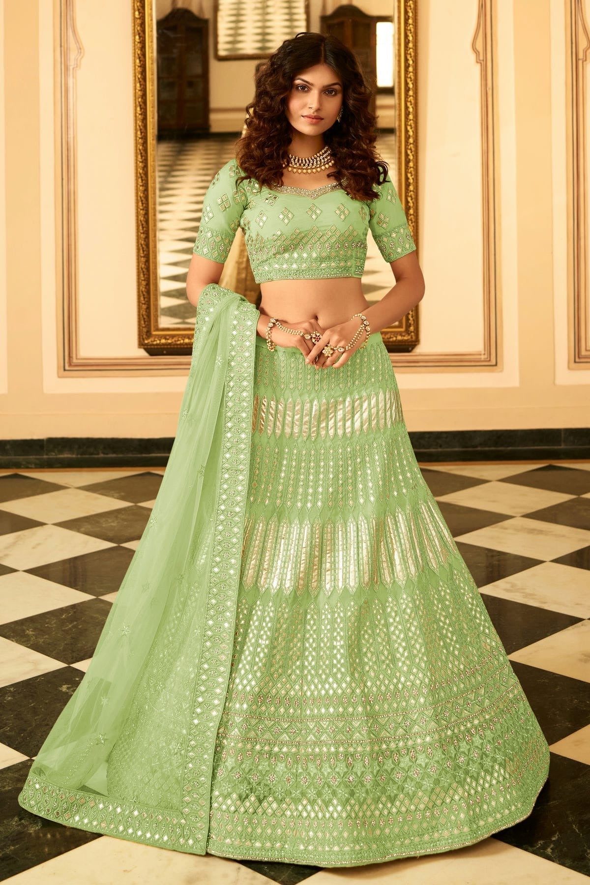 Light Green Colour Embroidery Organza Lehenga Choli LD1080808