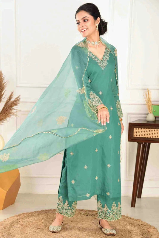Light Green Colour Embroidery Viscose Chanderi Pant Style Suit SS1113488