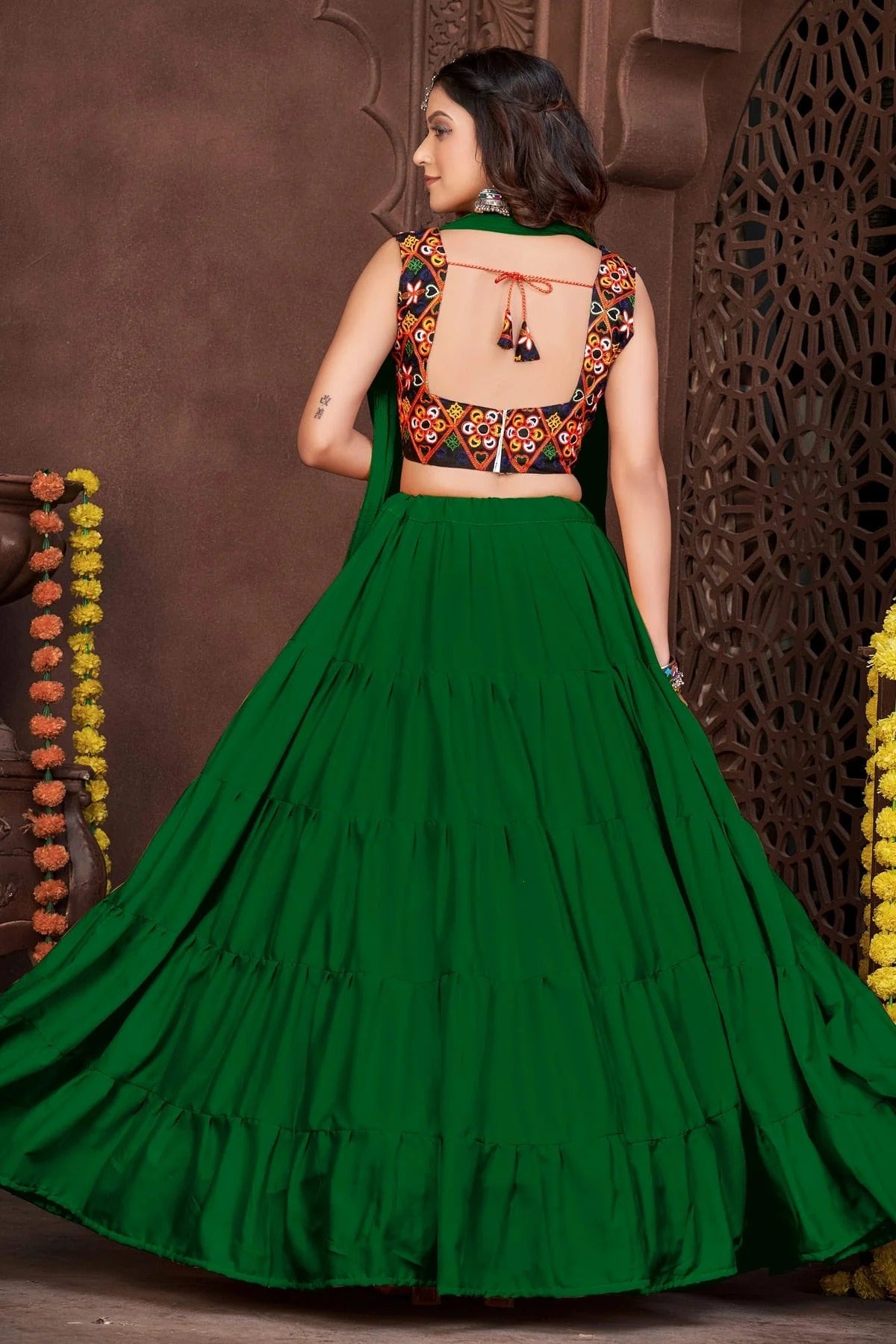 Light Green Colour Embroidery Work French Crepe Navratri Lehenga LD1170007 A