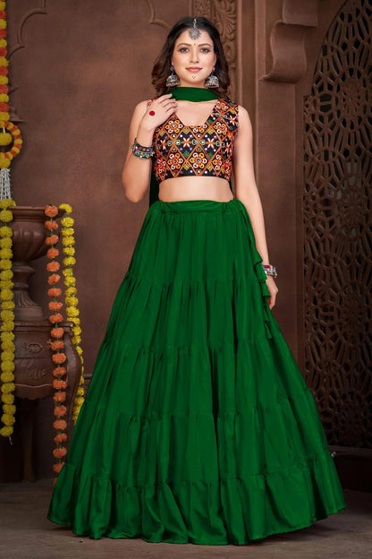 Light Green Colour Embroidery Work French Crepe Navratri Lehenga LD1170007
