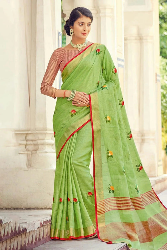 Light Green Colour Embroidery Work Linen Saree SD1101371