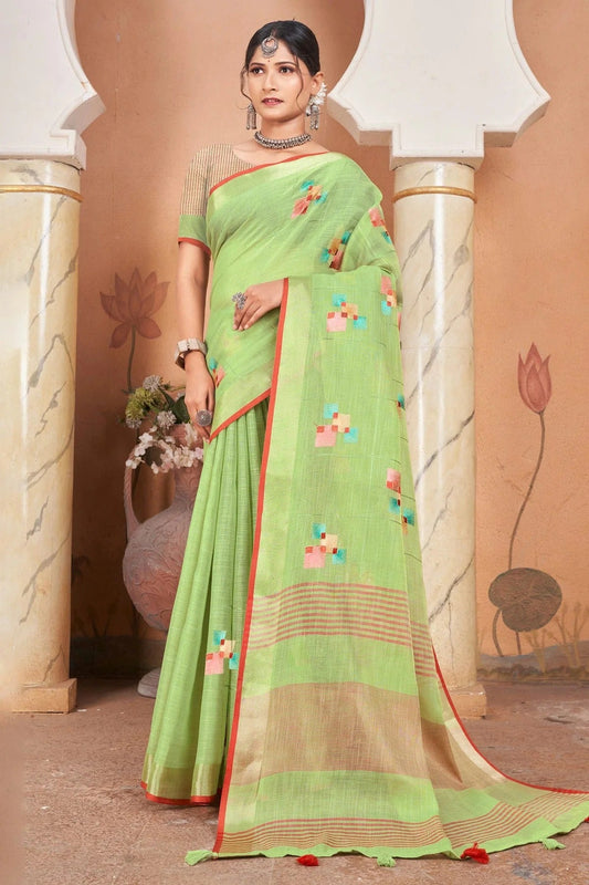 Light Green Colour Embroidery Work Linen Saree SD1101433