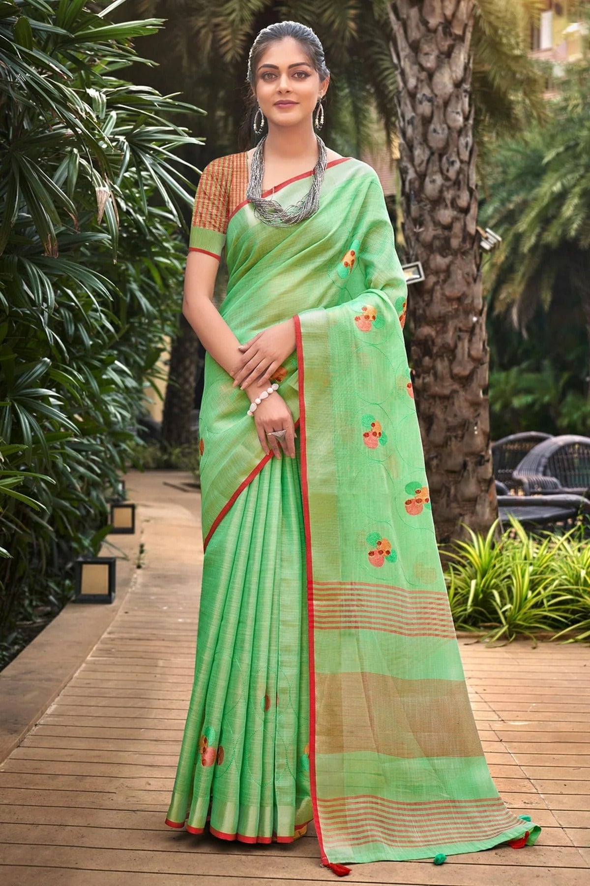 Light Green Colour Embroidery Work Linen Saree SD1101529