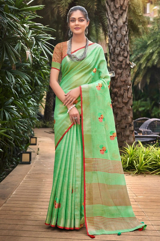 Light Green Colour Embroidery Work Linen Saree SD1101529