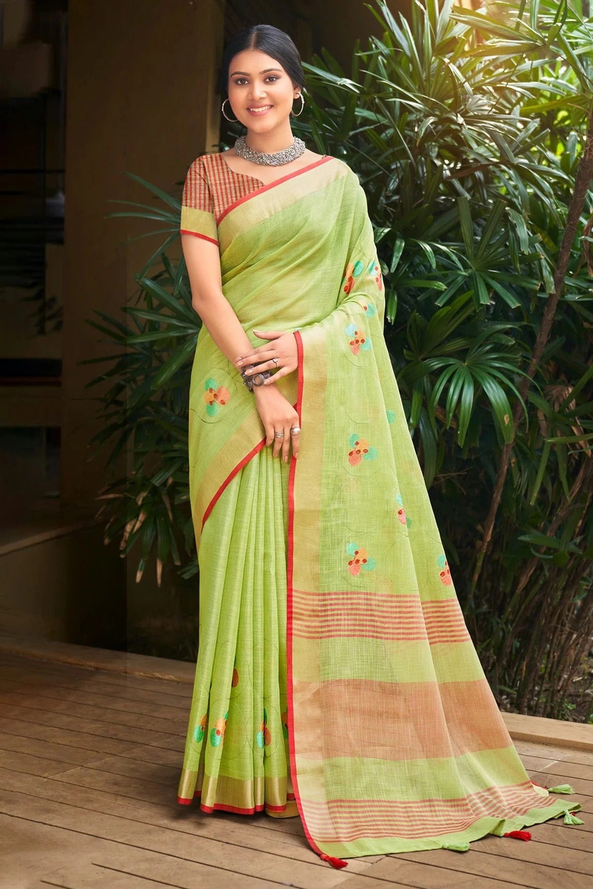 Light Green Colour Embroidery Work Linen Saree SD1101532
