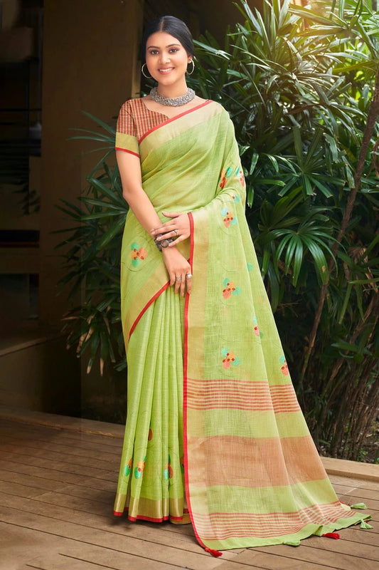 Light Green Colour Embroidery Work Linen Saree SD1101532