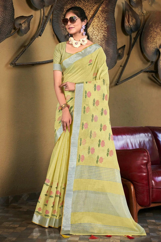 Light Green Colour Embroidery Work Linen Saree SD1101535