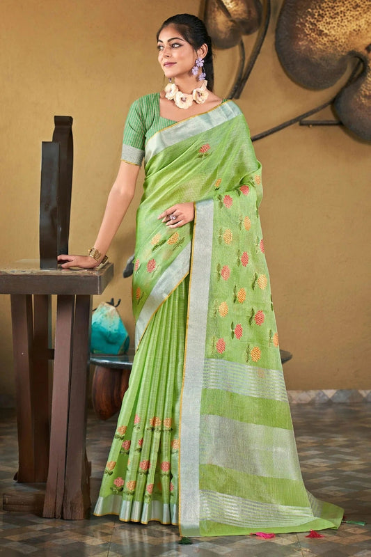 Light Green Colour Embroidery Work Linen Saree SD1101541