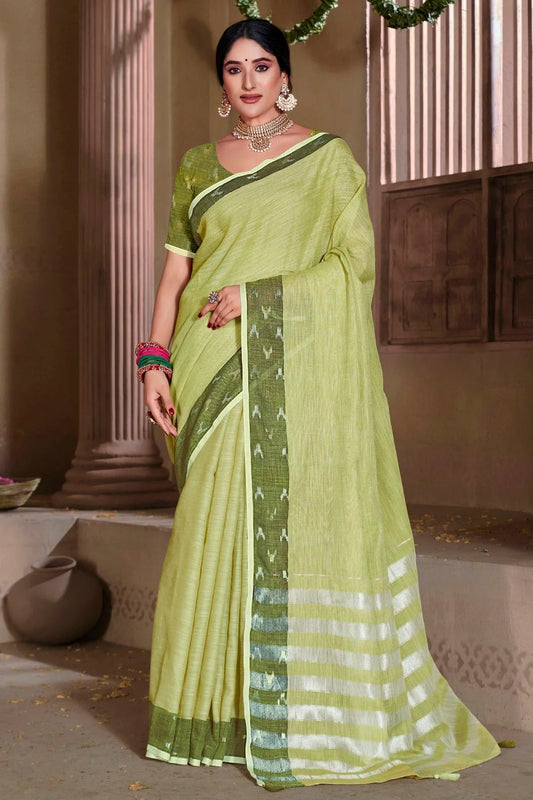 Light Green Colour Embroidery Work Linen Saree SD1101552